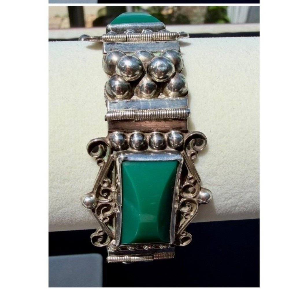 Vintage Mid-Century Mexican Sterling Silver Green Onyx Panel Link Bracelet 7 in - Picture 2 of 16
